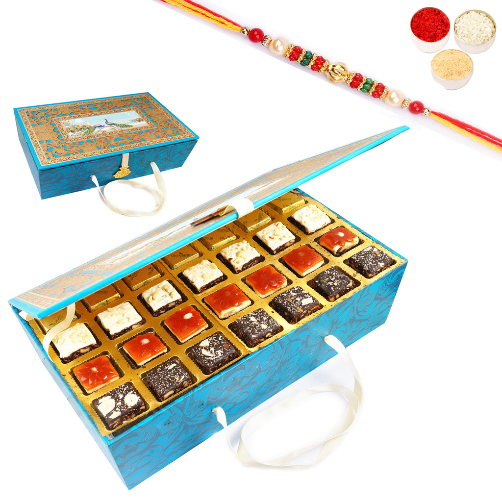 Blue Peacock box of Assorted Bites with Pearl Beads Rakhi