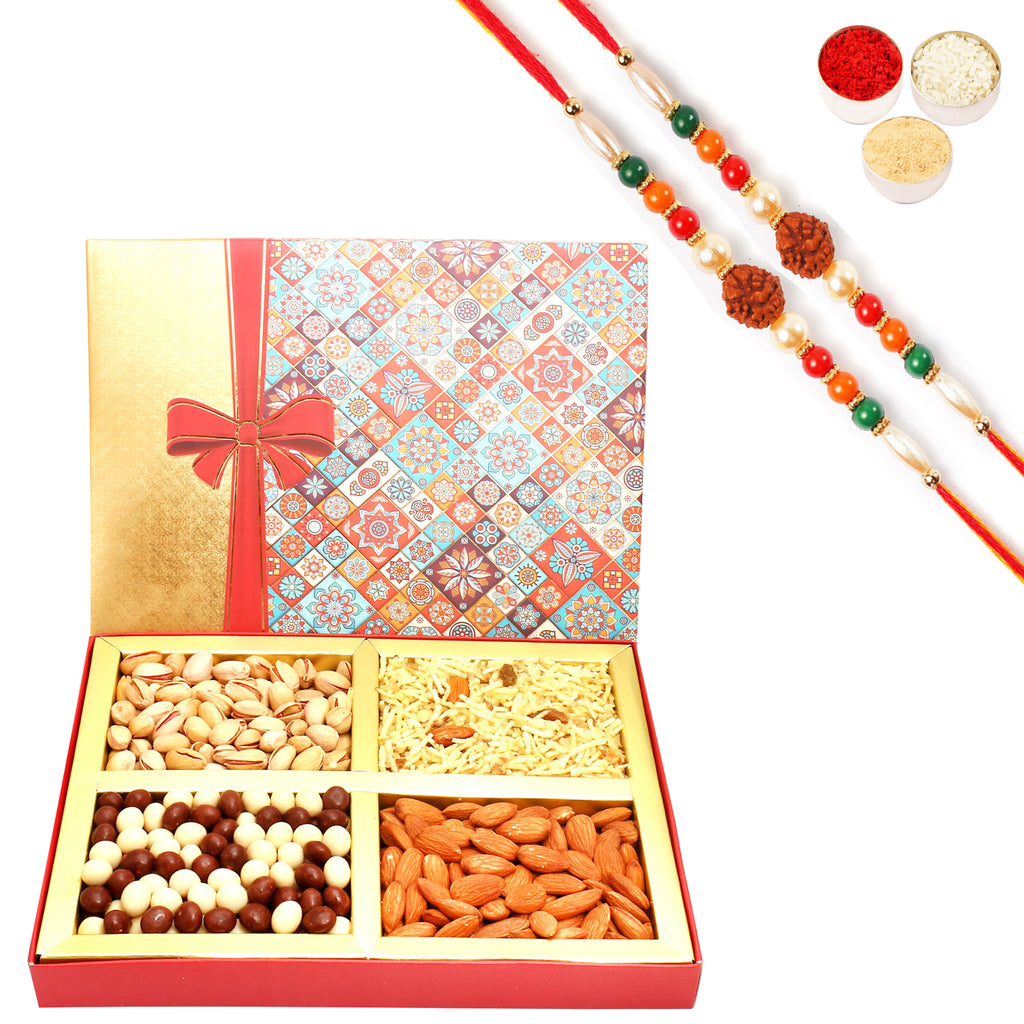 Printed Bow Hamper box with Almonds, Pistachios, Namkeen and  Nutties 400 gms With 2 Rudraksh rakhis