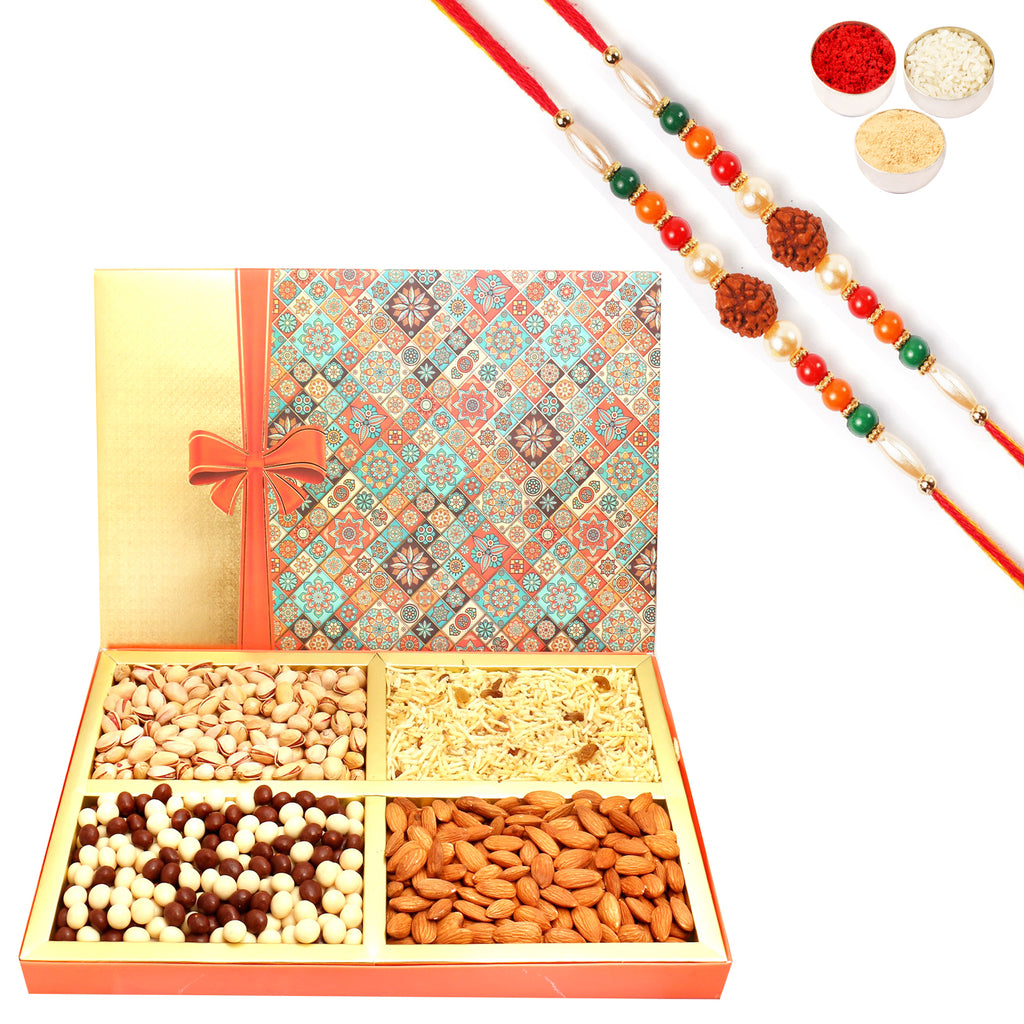 Printed Bow Hamper box with Almonds, Pistachios, Namkeen and  Nutties 800 gms With 2 Rudraksh rakhis