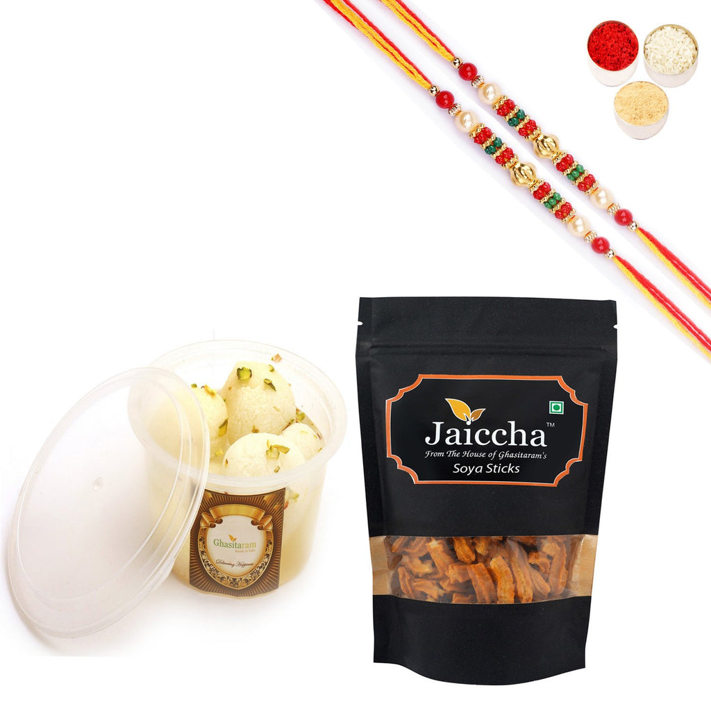 Best of 2 Rasgulla Pack and Soya Sticks Pouch With Pearl Beads Rakhi