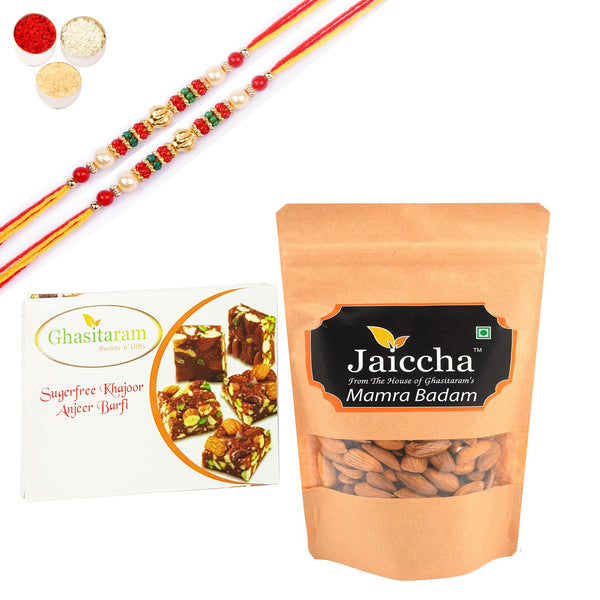 Best of 2 Sugarfree Figs and Dates Bites, and Mamra Almonds With Pearl Beads Rakhi