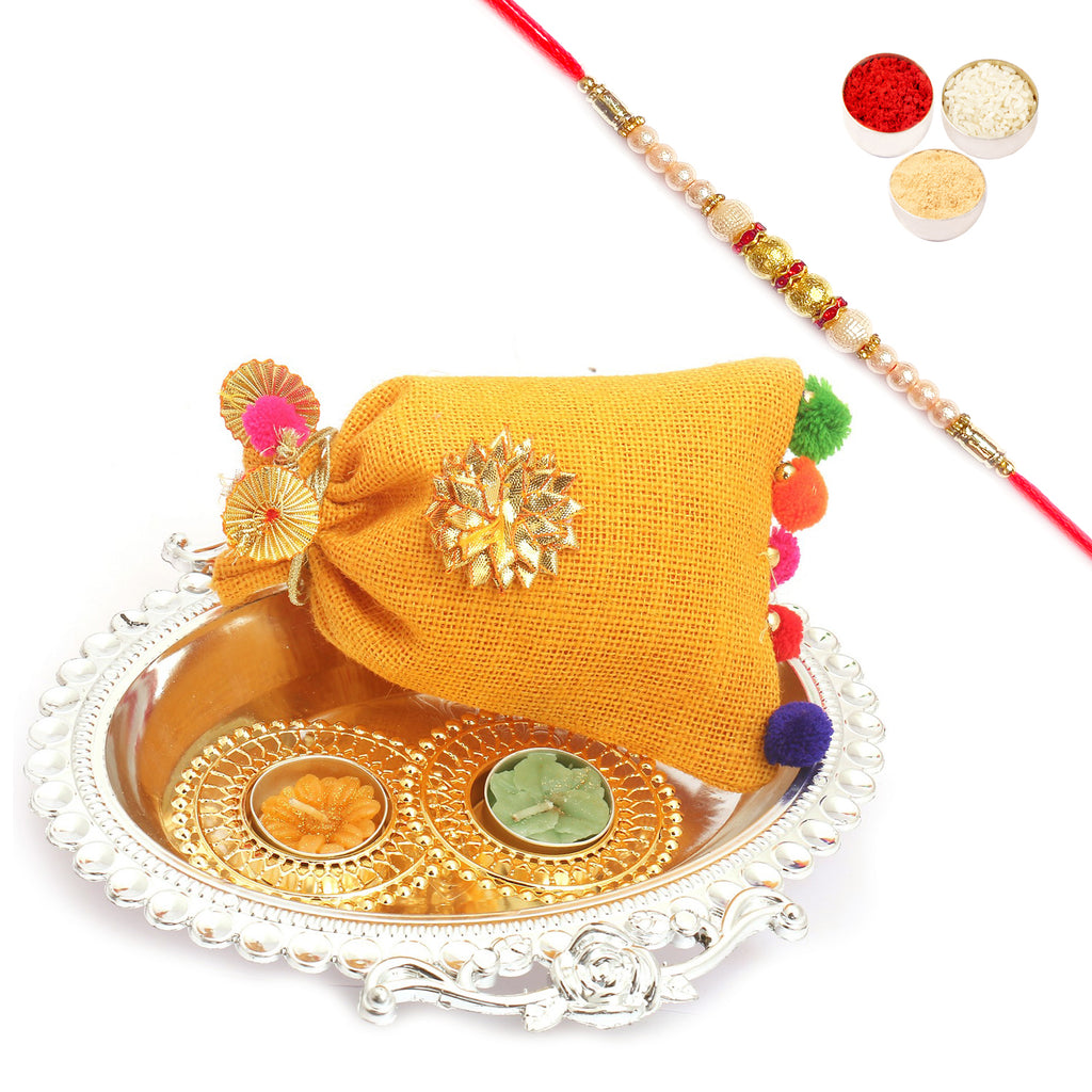 Silver Oval Tray with Jute Chocolates Pouch and 2 T-Lites with Pearl Rakhi