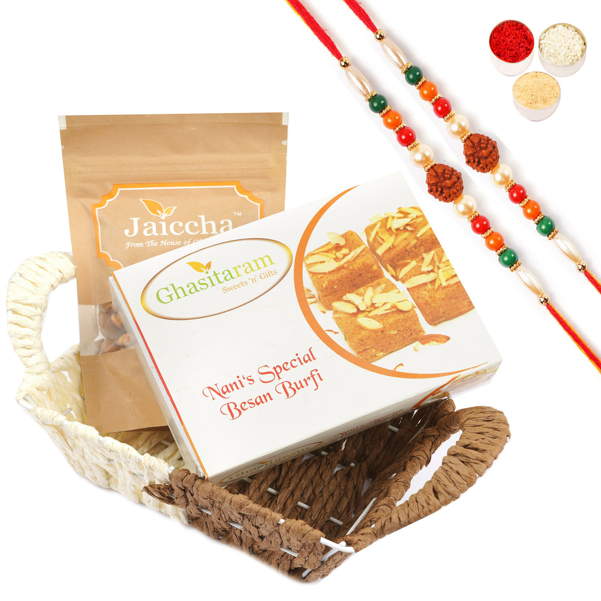 Small Metal Brown Basket of Besan Barfi and Almonds with 2 Rudraksh Rakhis