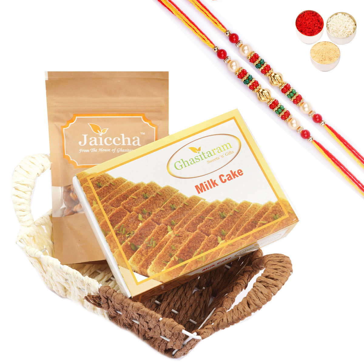 Small Metal Brown Basket of Milk Cake and Almonds With Pearl Beads Rakhi