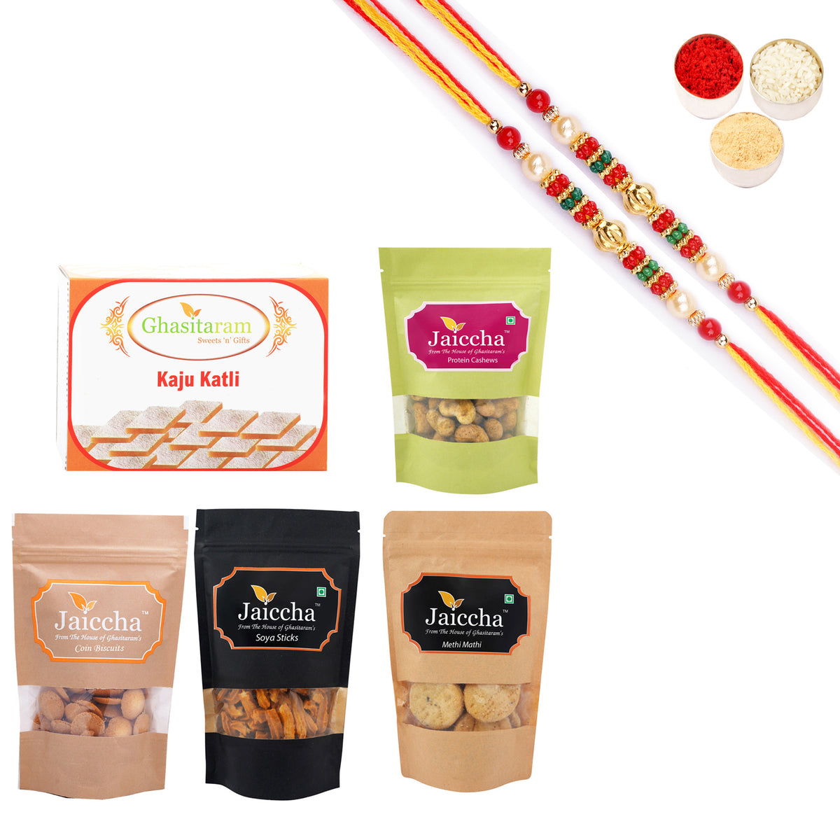 Best of 5 SOYA Sticks Pouch, Coin Biscuits Pouch, Methi Mathi Pouch, Barbeque Cashews Pouch, Kaju katli Box With Pearl Beads Rakhi