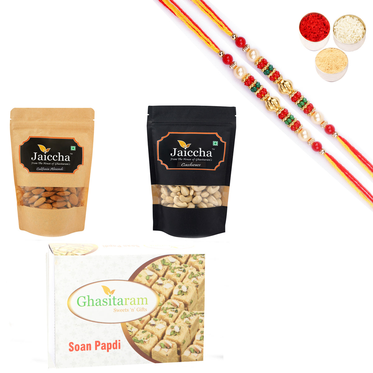 Best of Almonds, Cashews and Soan Papdi With Pearl Beads Rakhi