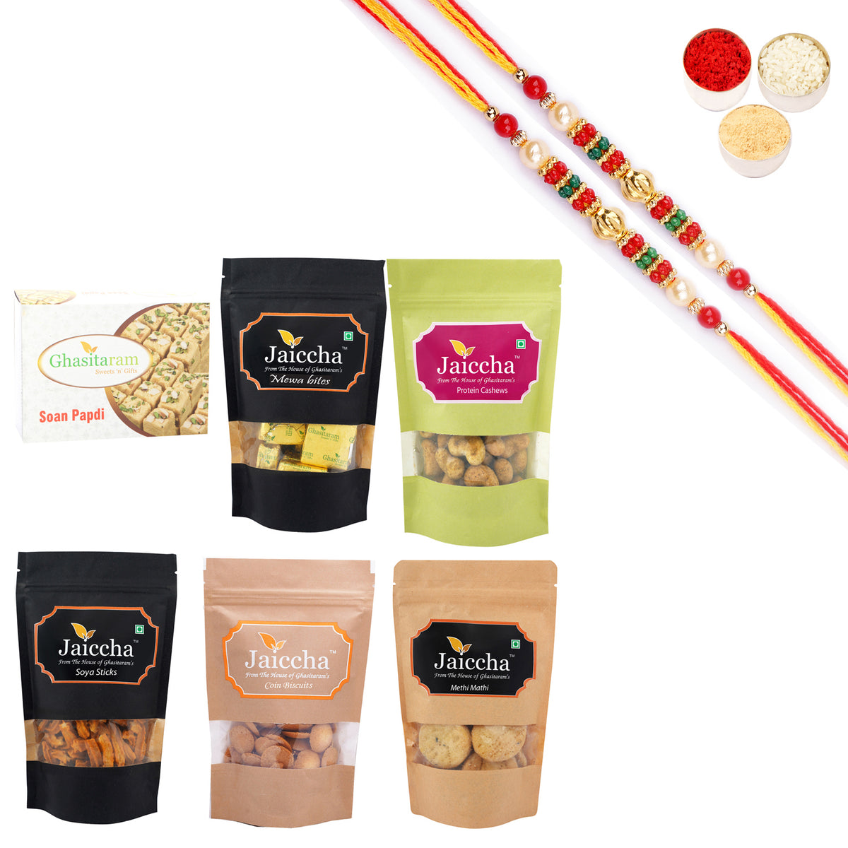 Best of 6 Soan Papdi Box, SOYA Sticks Pouch, Coin Biscuits Pouch, Methi Mathi Pouch, Barbeque Cashews Pouch, MEWA Bites Pouch With Pearl Beads Rakhi