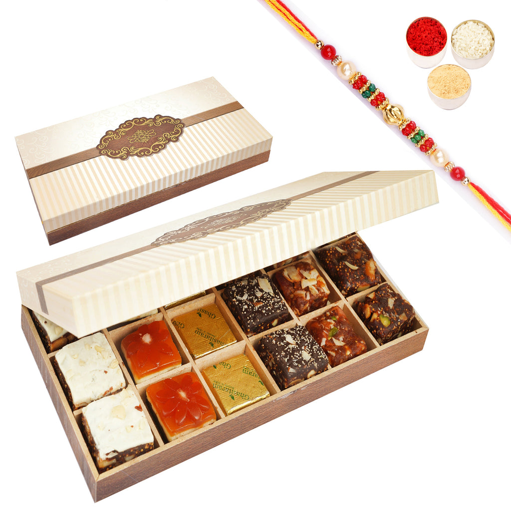Wooden box 18 Assorted Bites with Pearl Beads Rakhi