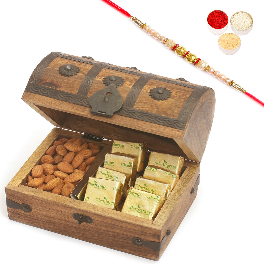 Wooden Trunk with Almonds and Chocolates with Pearl Rakhi