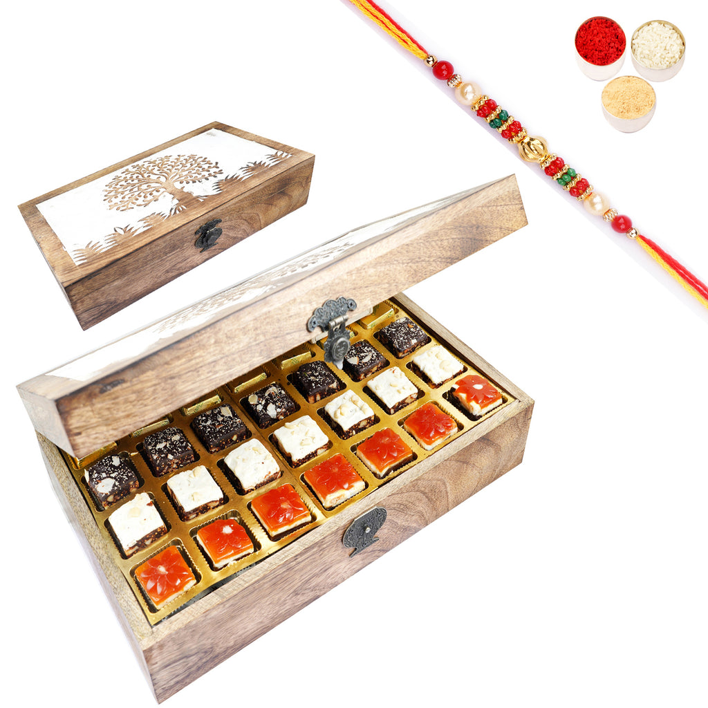 Wooden box of Assorted Bites with Pearl Beads Rakhi