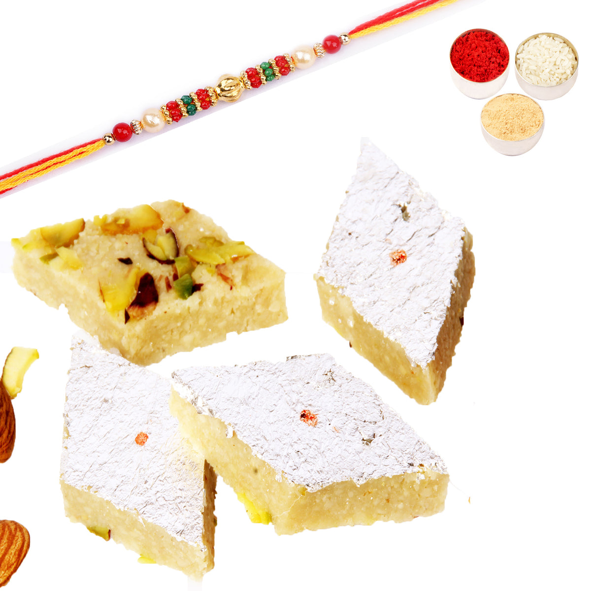 Sugar free Badam Katli 800 gms with Pearl Beads Rakhi