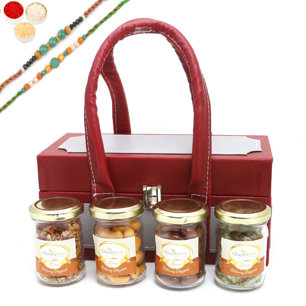 Rakhi Gifts-Apex Wooden Box Of Chocolate Almonds, Crunchy Cashews,Paan Raisins and Mukhwas Jars With 2 Green Beads Rakhis