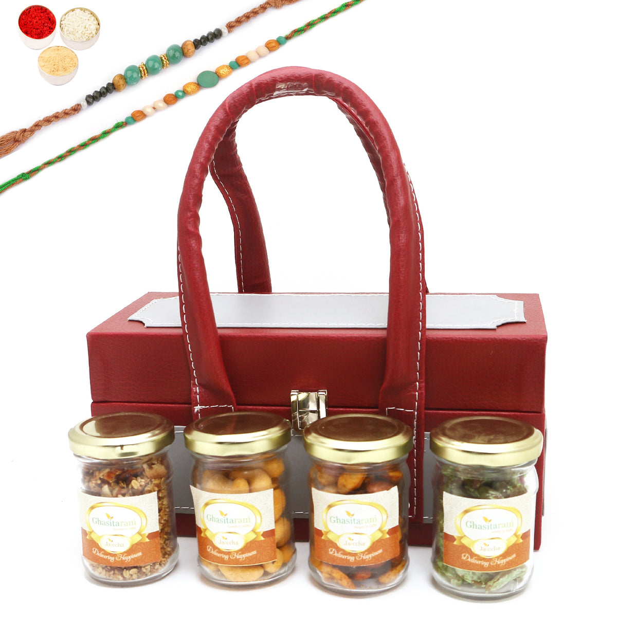 Rakhi Gifts-Apex Wooden Box Of Chocolate Almonds, Mix Dryfruit ,Paan Raisins and Mukhwas Jars With 2 Green Beads Rakhis