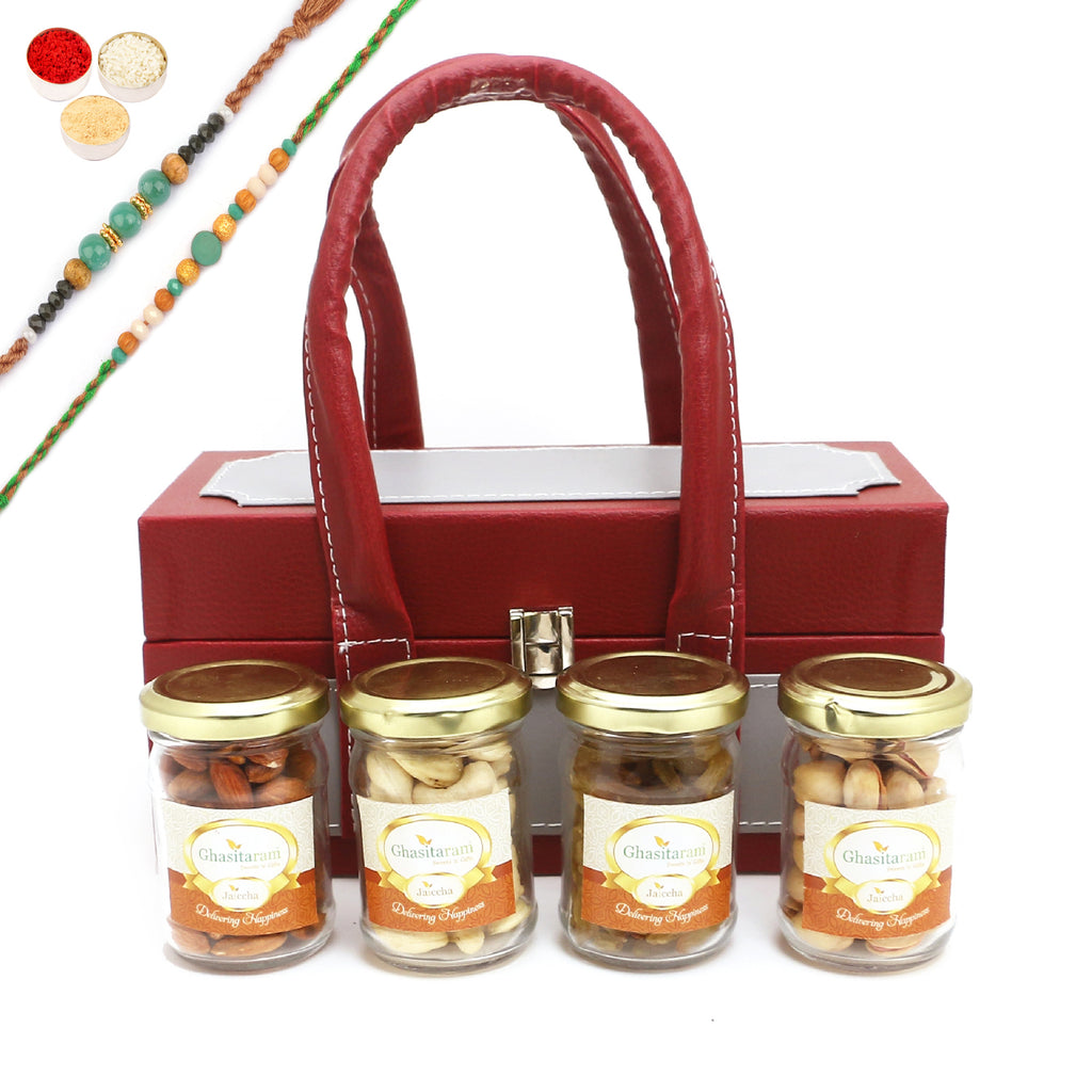 Rakhi Gifts-Apex Wooden Box Of 4 Dryfruits Jars With 2 Green Beads Rakhis