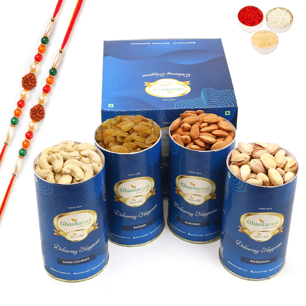 Rakhi Gifts-Cashews, Almonds, Pistachios, Raisins Cans With 2 rudraksh rakhis