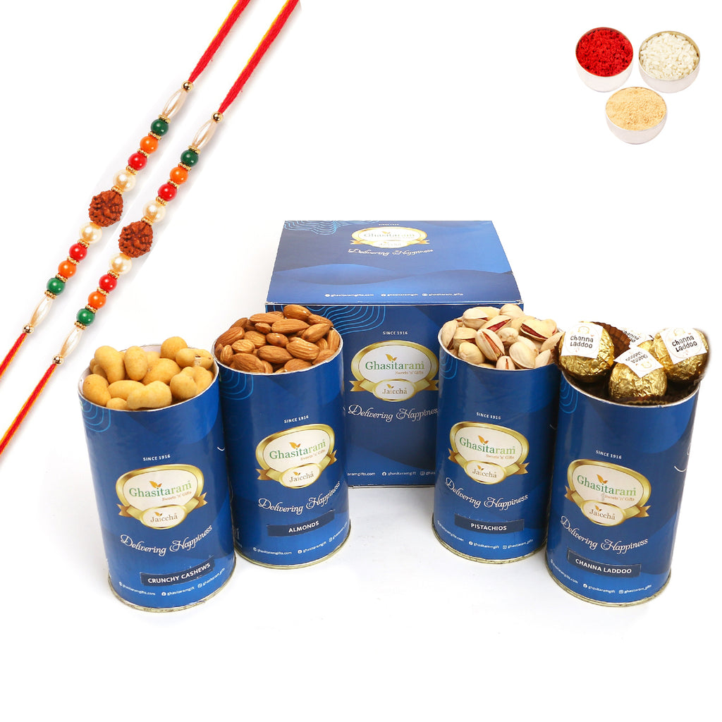 Rakhi Gifts-Crunchy Cashews, Almonds, Pistachios, Channa Laddoo Cans With 2 rudraksh rakhis