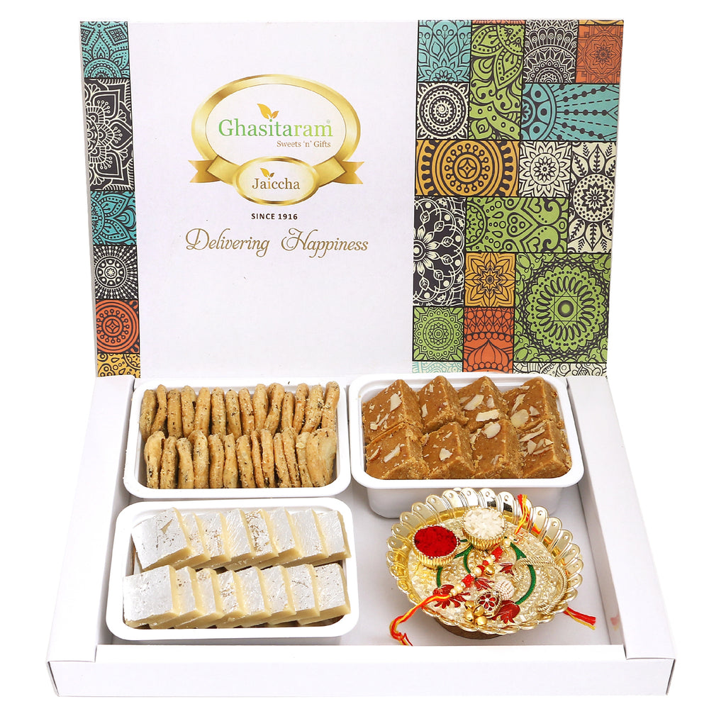 Rakhi Gifts Sweets-Big Box of Kaju Katlis, Methi Mathi, Besan Barfi, Pooja Thali and Bhaiya Bhabhi Rakhis 