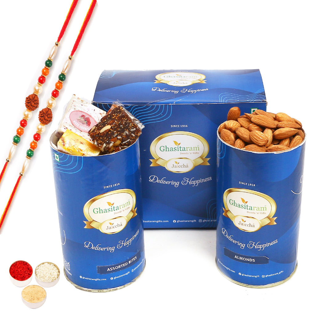 Rakhi Gifts-Assorted Bites and Almond Cans With 2 rudraksh rakhis