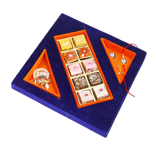 Rakhi Gifts-Blue Velvet Tray of Assorted bites, Roli Chawal and Evil Eye Bhaiya Bhabhi Rakhis