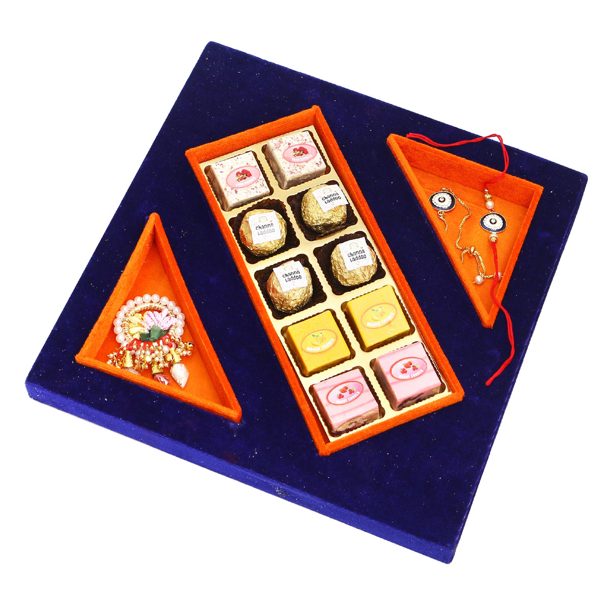 Rakhi Gifts-Blue Velvet Tray of Channa Laddoos, Bites,Roli Chawal and Evil Eye Bhaiya Bhabhi Rakhis