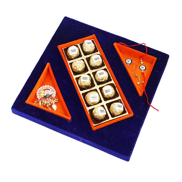Rakhi Gifts-Blue Velvet Tray of Channa Laddoos, Roli Chawal and Evil Eye Bhaiya Bhabhi Rakhis