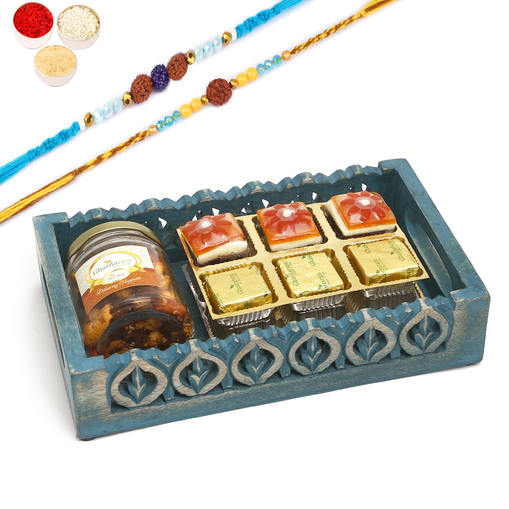 Rakhi Gifts-Blue wooden Tray with assorted Bites and Mix Dryfruits Jar With 2 blue rudraksh rakhis