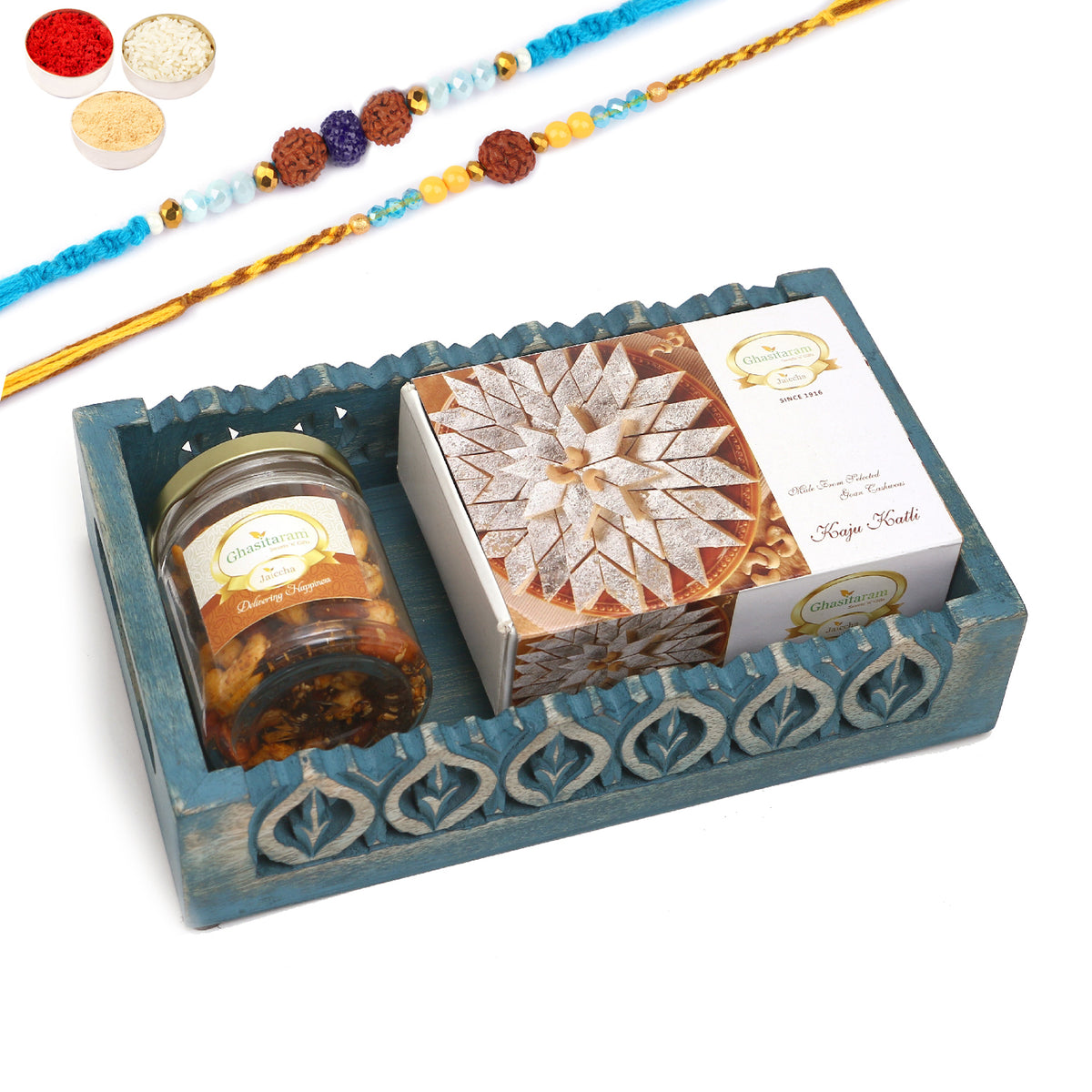 Rakhi Gifts-Blue wooden Tray with Kaju Katlis and Mix Dryfruits Jar With 2 blue rudraksh rakhis