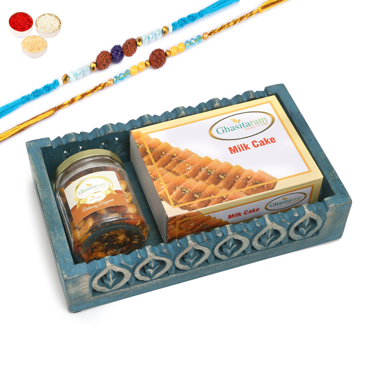 Rakhi Gifts-Blue wooden Tray with Milk Cake and Mix Dryfruits Jar With 2 blue rudraksh rakhis