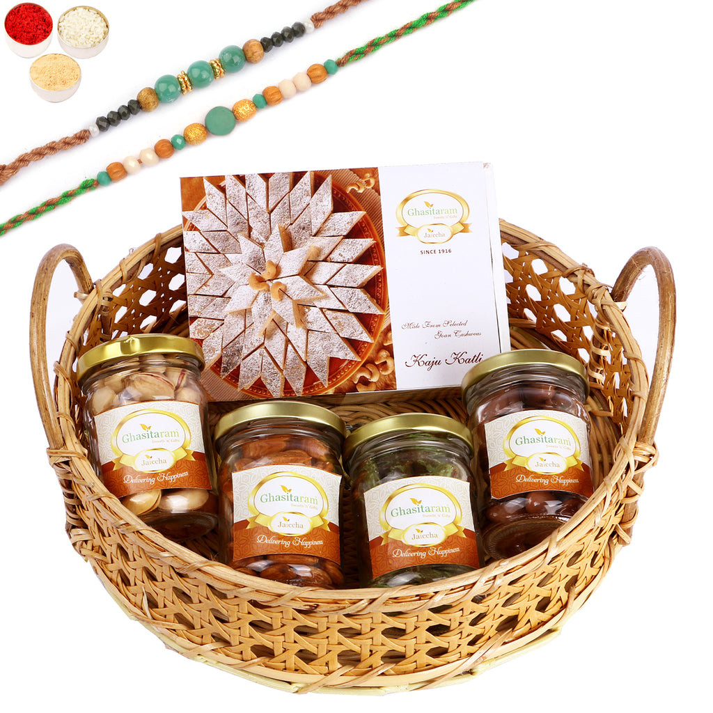 Rakhi Gifts-Wooden Cane Round Basket of 4 Assorted Nuts and Kaju Katlis. With 2 Green Beads Rakhis