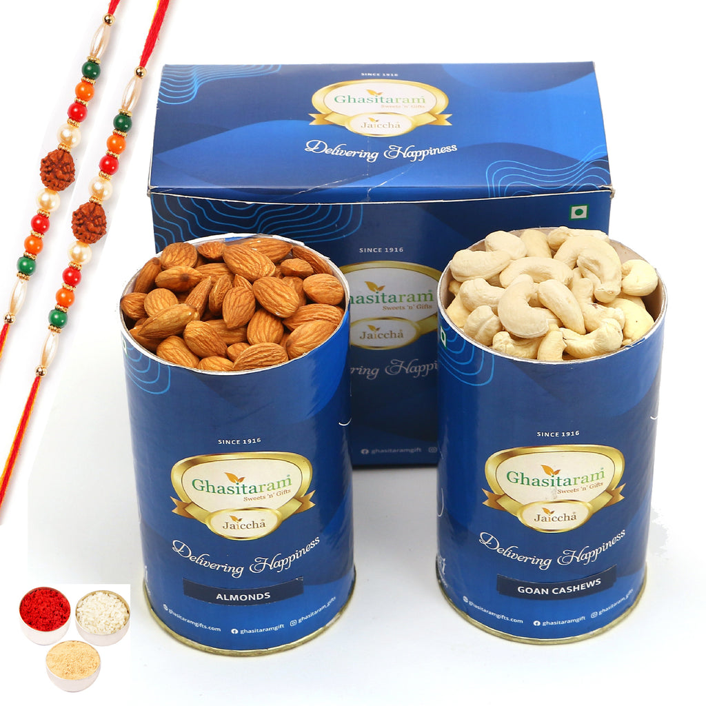 Rakhi Gifts-Cashew and Almond Cans  With 2 rudraksh rakhis