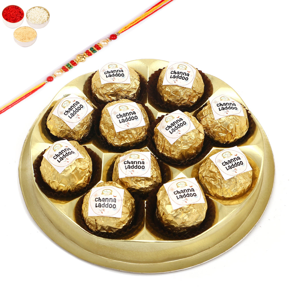 Rakhi Gifts Sweets-Round box of 11 Channa Laddoos With pearl beads rakhi