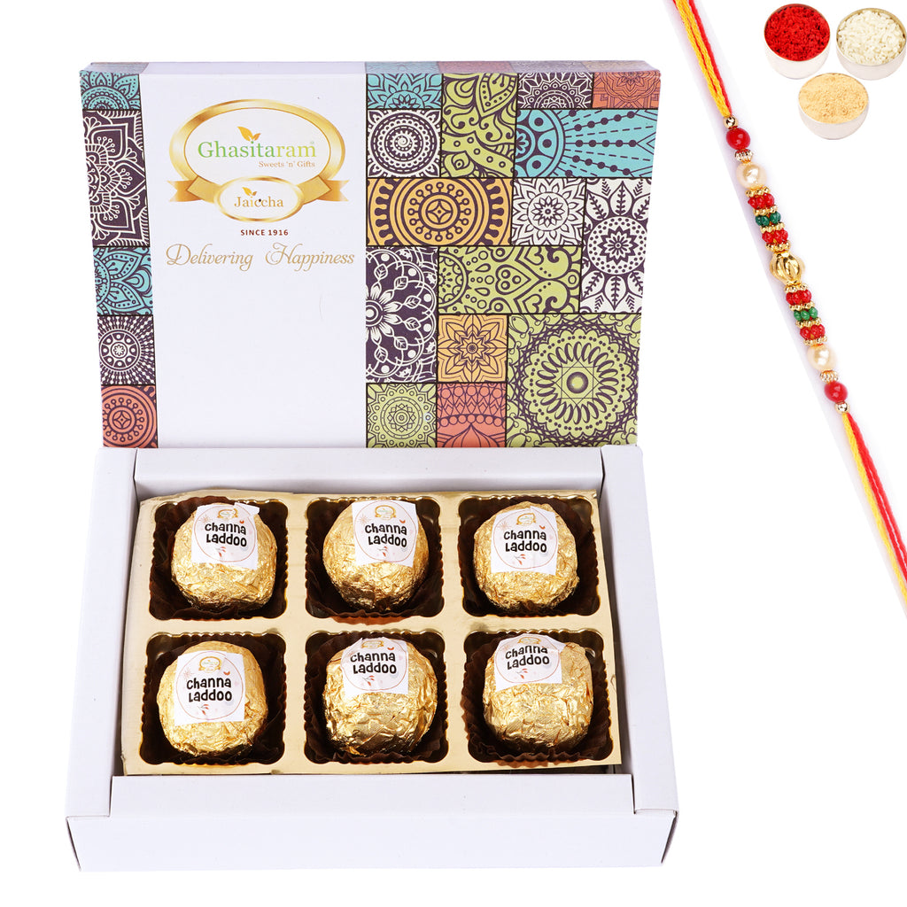 Rakhi Gifts Sweets-Channa Laddoos 6pcs With pearl beads rakhi