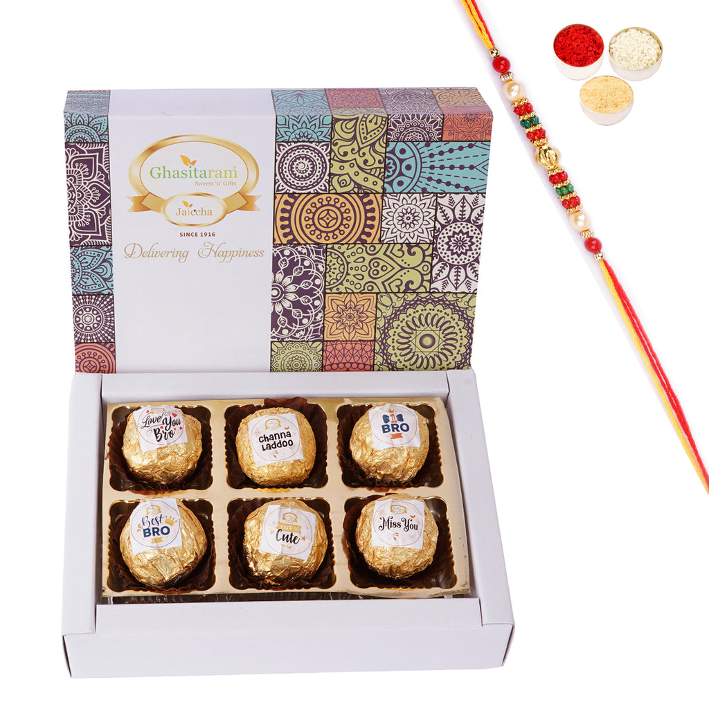Rakhi Gifts Sweets-Channa Laddoos 6pcs with Captions With pearl beads rakhi