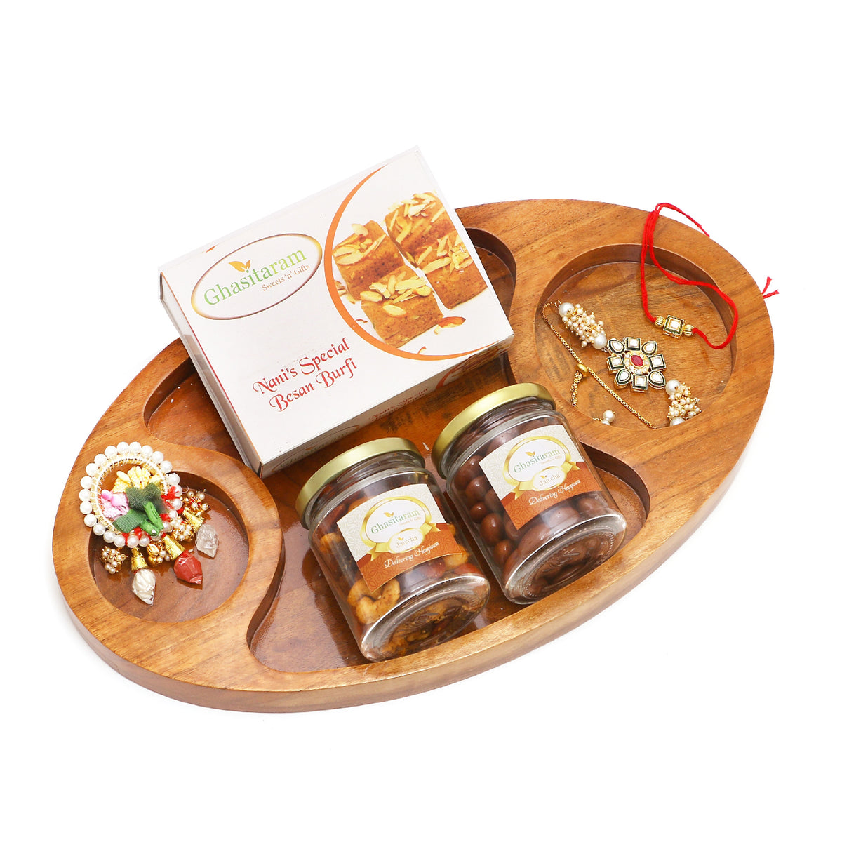 Rakhi Gifts-Chip n Dip Platter with Besan Barfi, Dryfruits, Roli Chawal Container and Bhaiya Bhabhi Rakhis