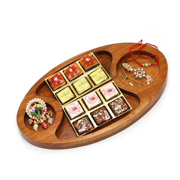Rakhi Gifts-Chip n Dip Platter of assorted bites, Roli Chawal Container and Bhaiya Bhabhi Rakhis