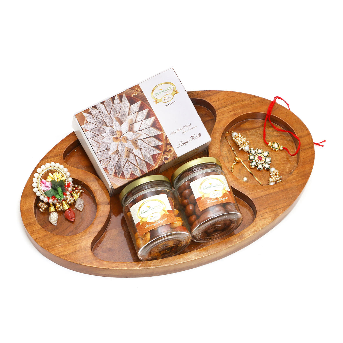Rakhi Gifts-Chip n Dip Platter with Kaju Katlis, Dryfruits, Roli Chawal Container and Bhaiya Bhabhi Rakhis