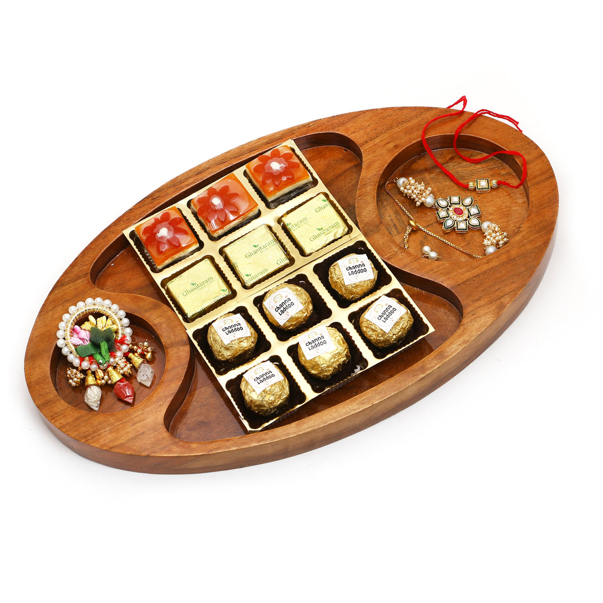 Rakhi Gifts-Chip n Dip Platter of Channa Laddoos, Bites, Roli Chawal Container and Bhaiya Bhabhi Rakhis