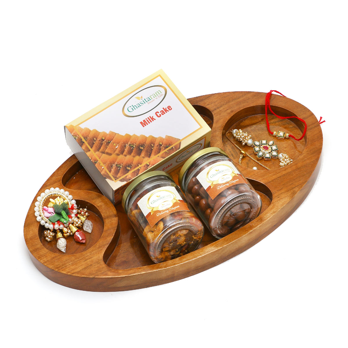 Rakhi Gifts-Chip n Dip Platter with Milk Cake, Dryfruits, Roli Chawal Container and Bhaiya Bhabhi Rakhis