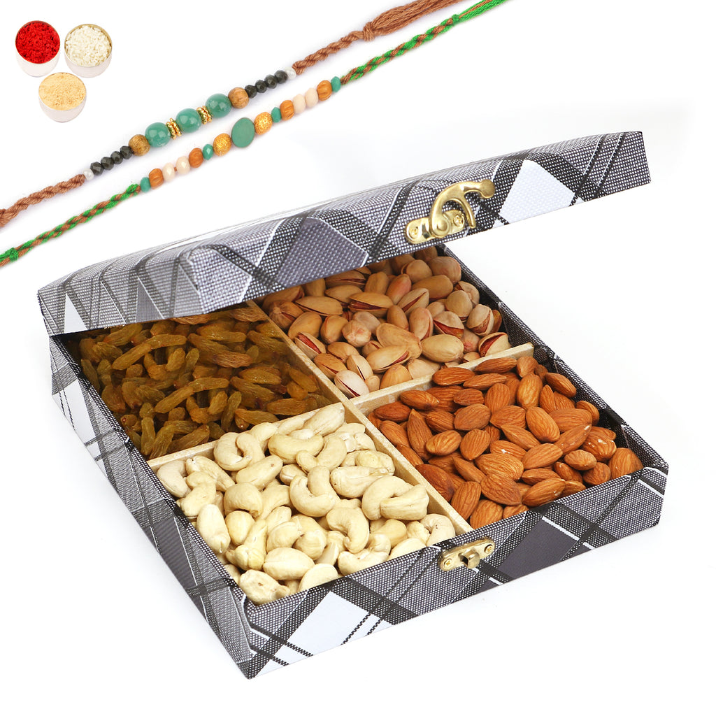 Rakhi Gifts-Cross Check Wooden Dryfruits Box With 2 Green Beads Rakhis