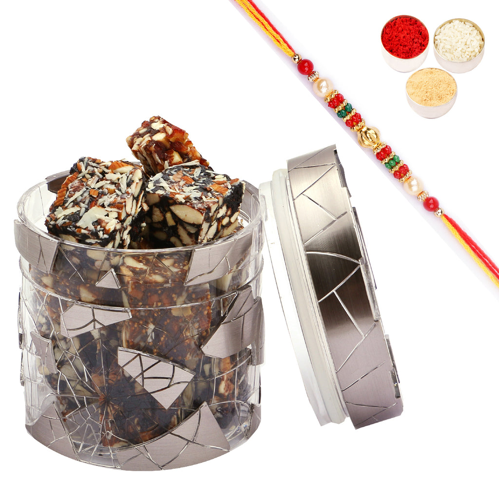 Crystal jar with Sugarfree Dates and Figs bites with Pearl Beads Rakhi