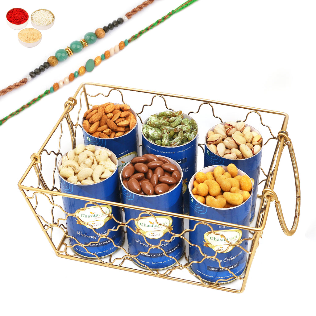 Rakhi Gifts-Designer Metal Basket of 6 Cans With 2 Green Beads Rakhis