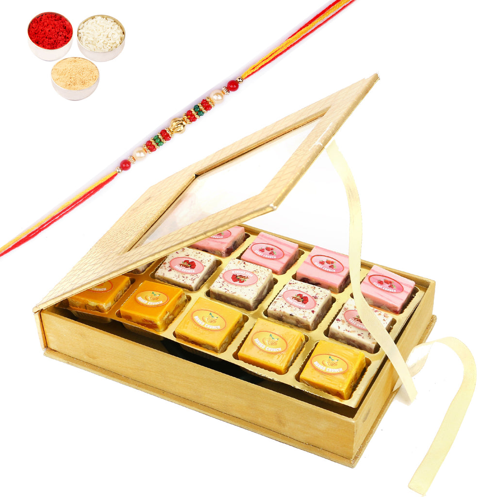 Rakhi Gifts Sweets-Golden Leather box Assorted Choco Bites With pearl beads rakhi