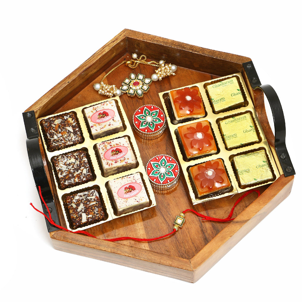 Rakhi Gifts-Hexagon Tray of assorted Bites, Laddoos, Roli Chawal Container and Bhaiya Bhabhi Rakhis 