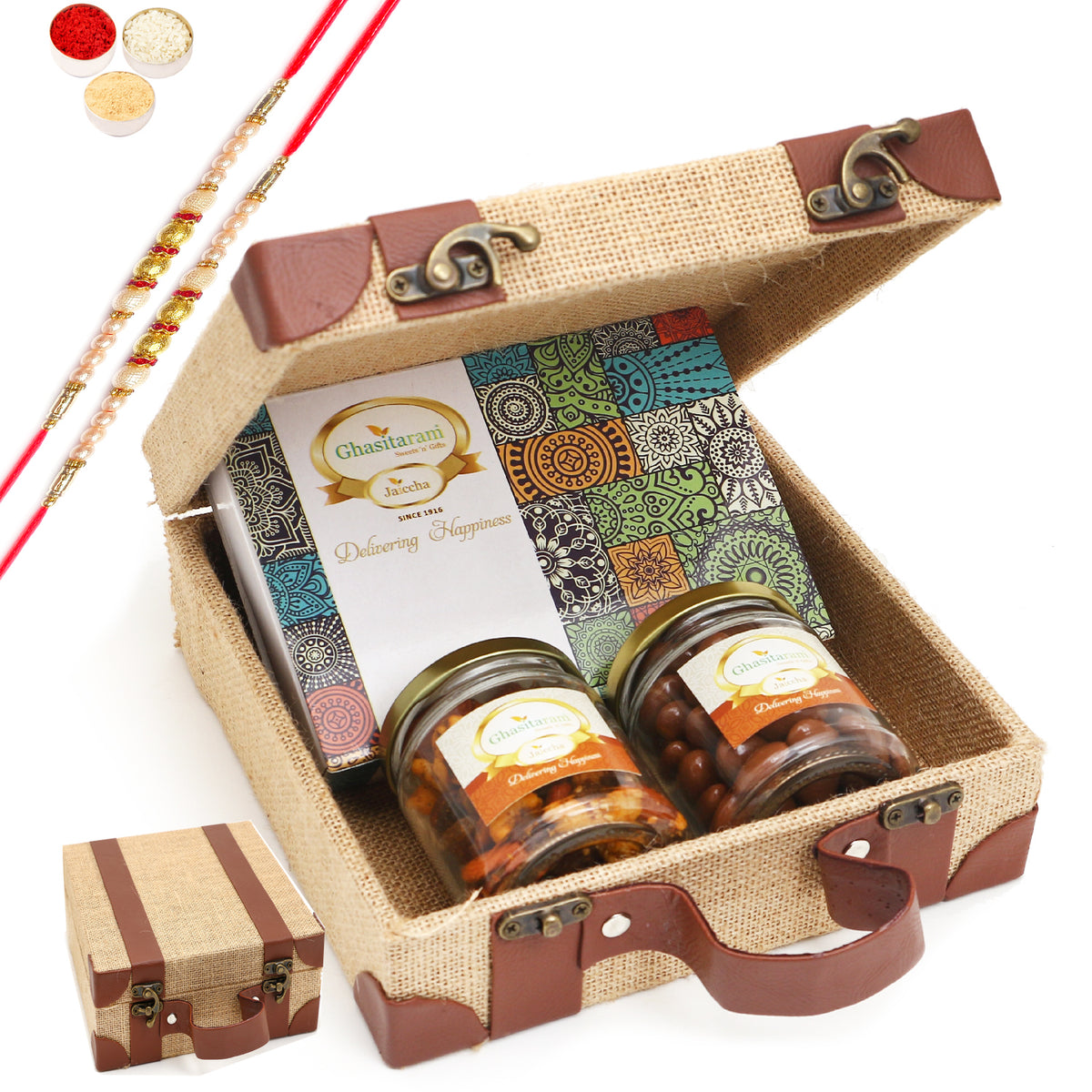 Rakhi Gifts-Jute Box of Chocolate Alomnds, Mix Dryfruits and Assorted Bites With 2 pearl Rakhis