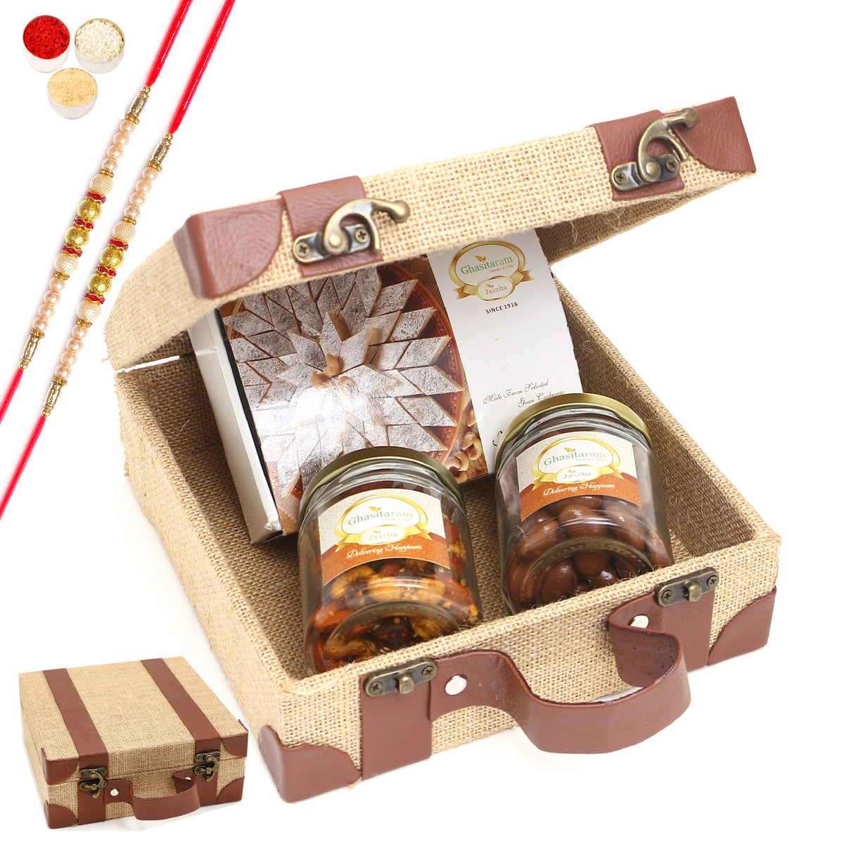Rakhi Gifts-Jute Box of Chocolate Alomnds, Mix Dryfruits and Kaju Katli With 2 pearl Rakhis