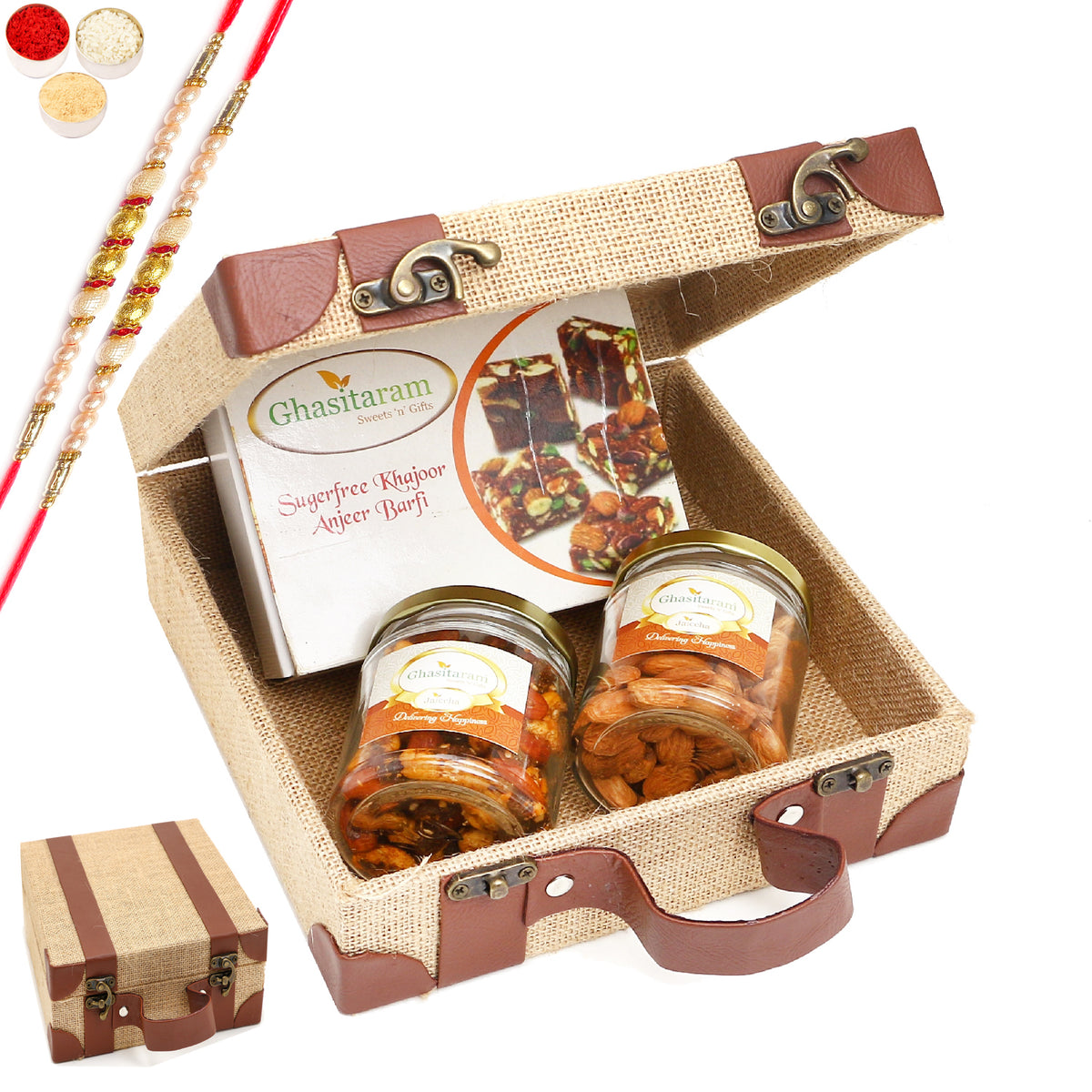 Rakhi Gifts-Jute Box of Alomnds, Mix Dryfruits and Sugarfree Bites With 2 pearl Rakhis