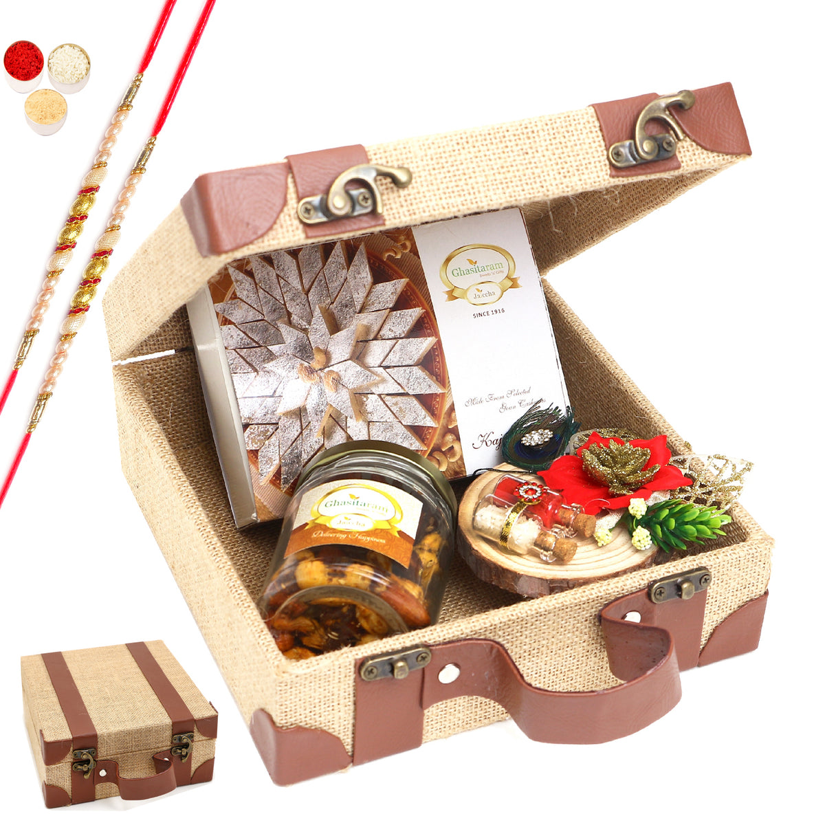 Rakhi Gifts-Jute Box of Mix Dryfruits, Kaju Katli and Roli Chawal Wooden Thali With 2 pearl Rakhis