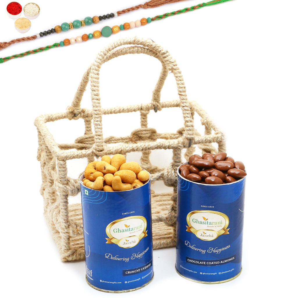 Rakhi Gifts-Jute check Basket of Chocolate Almonds and Crunchy Cashews With 2 Green Beads Rakhis
