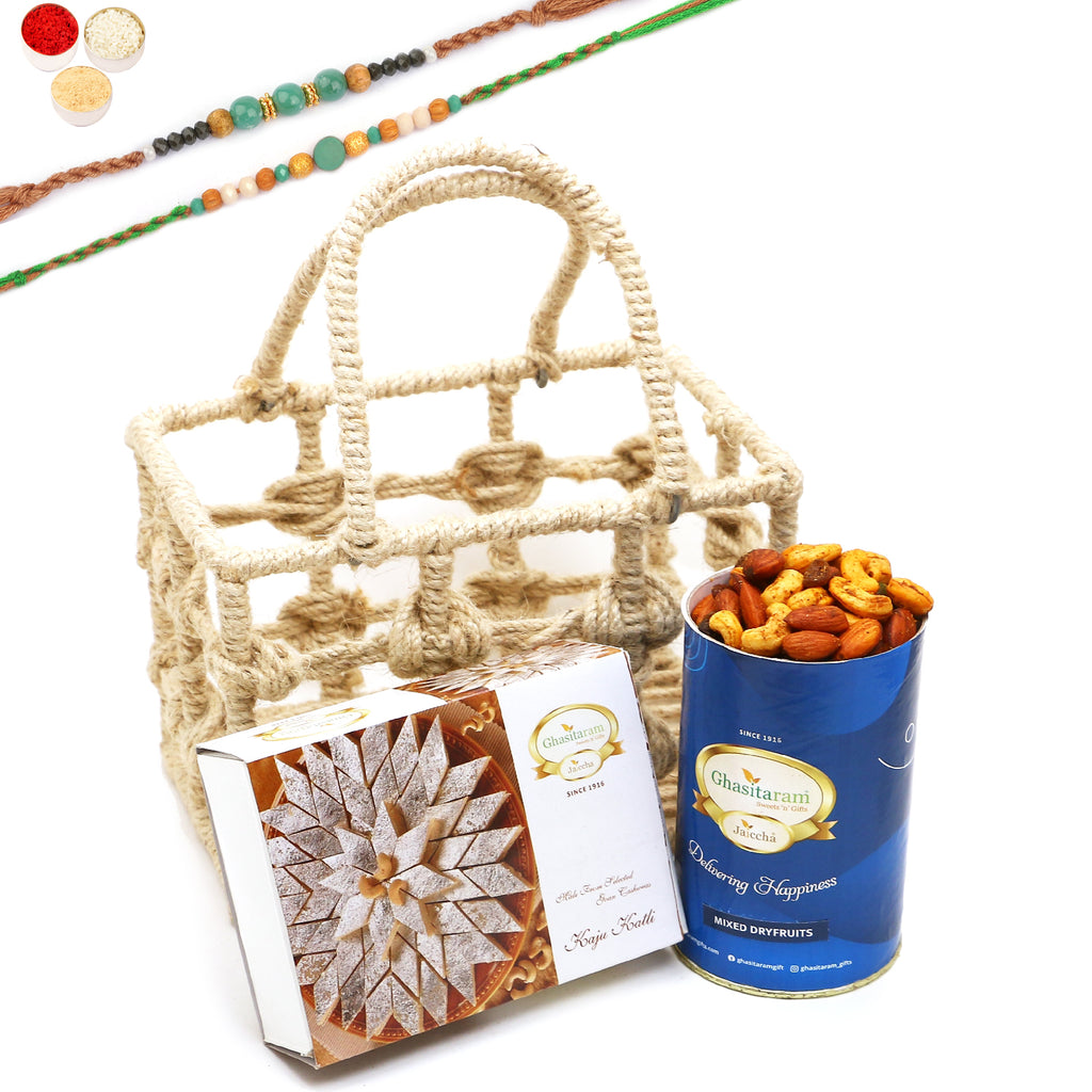 Rakhi Gifts-Jute check Basket of Mixed Dryfruits and Kaju Katlis With 2 Green Beads Rakhis