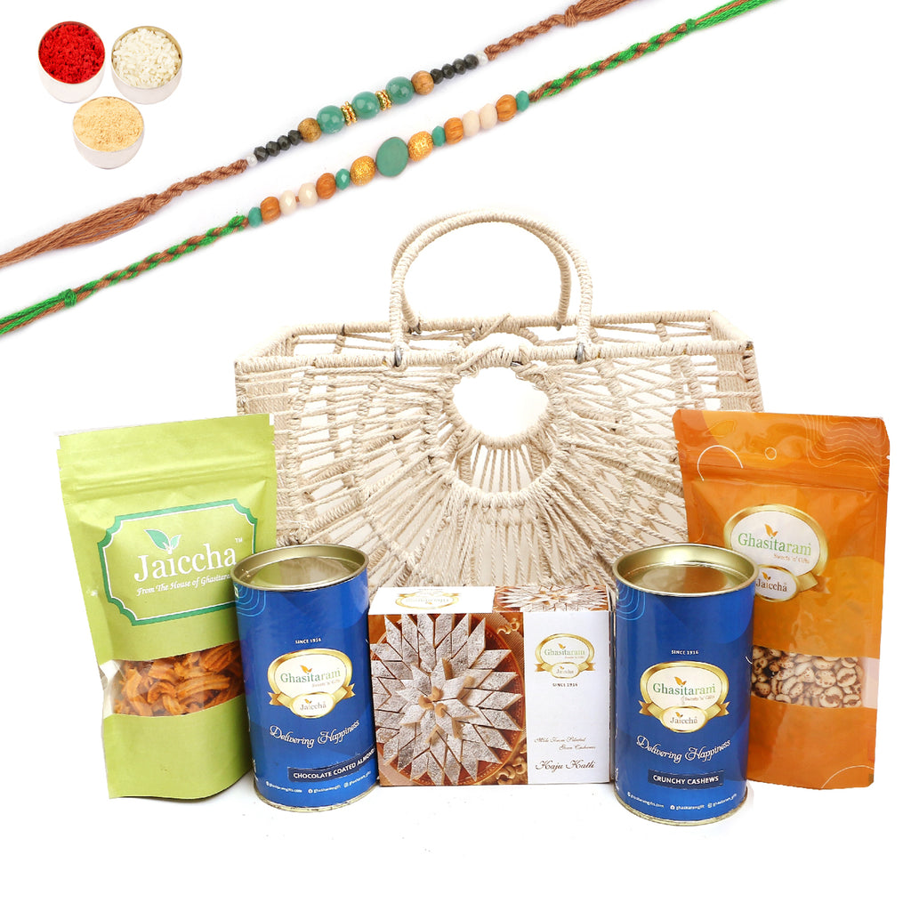 Rakhi Gifts-Jute Fancy Basket/ Carry Bag/ Magazine Holder of Assorments with Kaju Katli With 2 Green Beads Rakhis